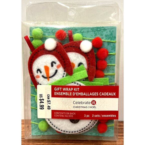 Celebrate It Christmas Gift Wrap Kit Felt Snowman Tags & Pom-Pom Trim 531569 - Picture 1 of 3
